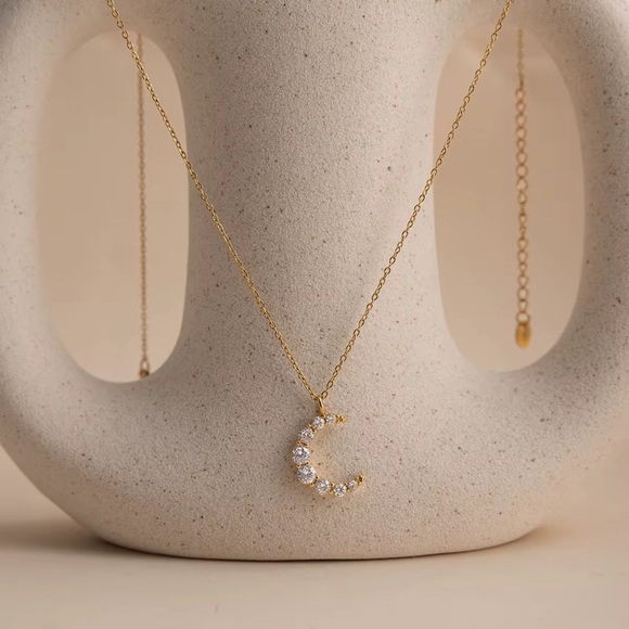 18K Gold Plated Cubic Zirconia Crescent Moon Necklace - Picture 5 of 8